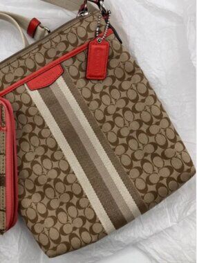 Coach Signature Stripe Crossbody Bag in Brown with Coral Trim monogram